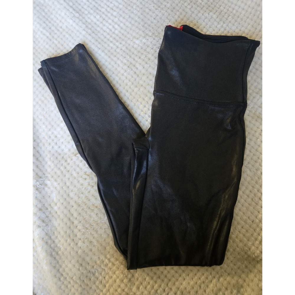 SPANX by Sara Blakely Black Shiny Faux Leather Ankle Leggings L/G High Rise